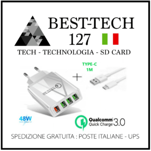 Caricabatterie 4 porte USB Ricarica Rapida Quick Charge 3.0 + Cavo Type-C