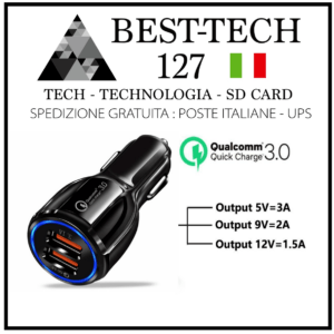 CARICABATTERIE PRESA ACCENDISIGARI USB DOPPIO AUTO UNIVERSALE SMARTPHONE QI 3.0